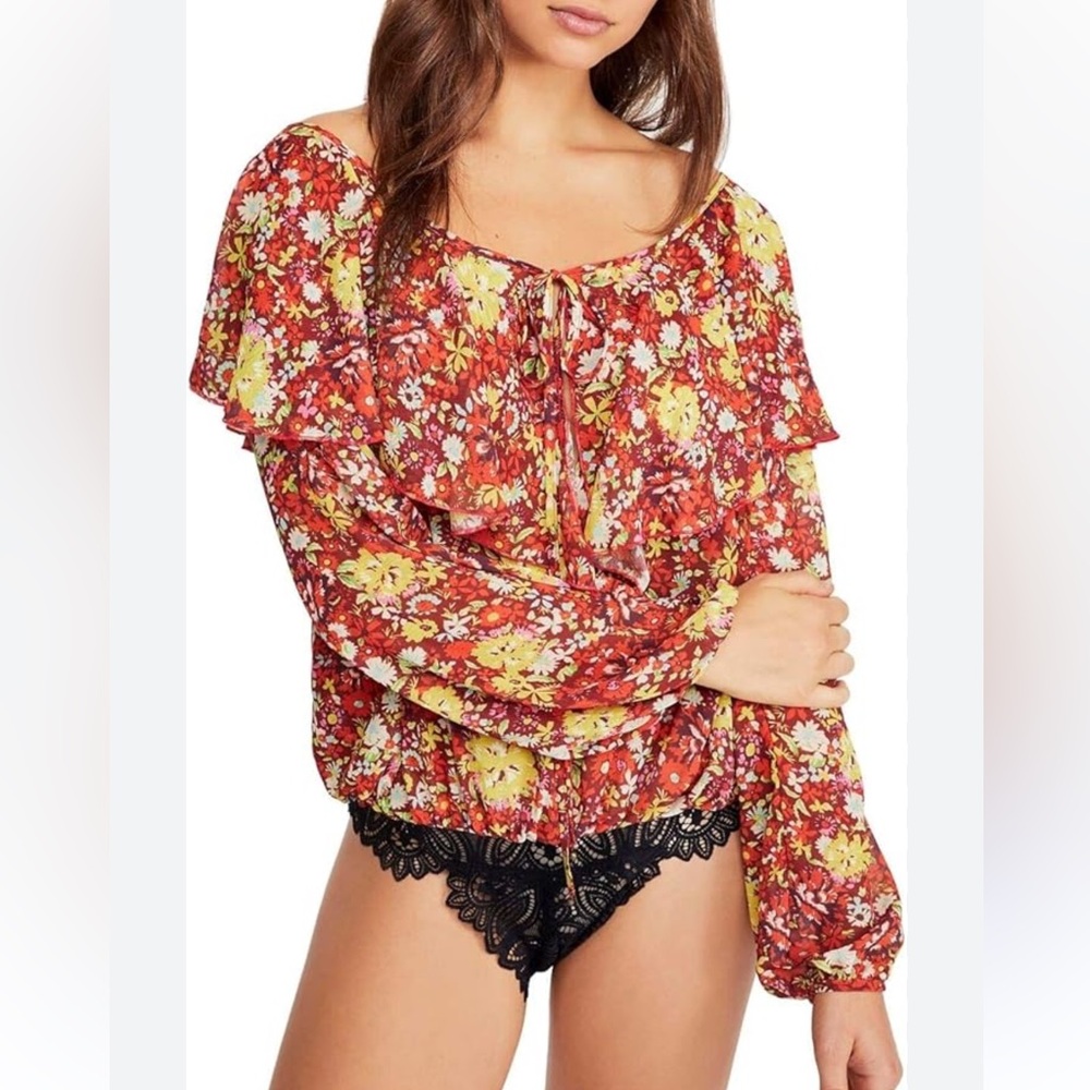 Free People Floral Bodysuit Ruffle Lace Boho Orange Color Size XS